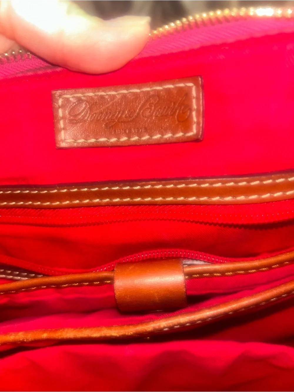 Dooney & Bourke Bright Pink Logo Tote with Brown Trim and Pearl Chain